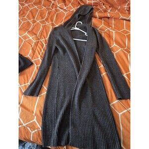 Forever 21 Long Hooded Ribbed-Knit Cardigan Sweater Gray Acrylic Large